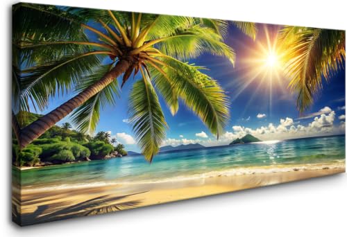Yxbhhym Large Pictures for Living Room Coastal Painting Tropical Sunrise Bearoom Wall Art Beach Poster Ocean Room Decor Palm Tree Canvas Print Summer Sunlight Artwork Framed Office Decor Home - color: AbePal, size: 60"L x 30"W