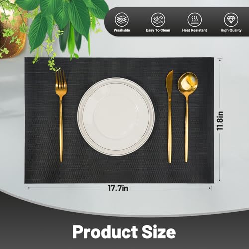 Placemats Set of 6，Non-Slip PVC Weave Table Mats Easy to Clean，Heat Resistant Place Mats for Kitchen Dining Table Decoration Indoor Outdoor，Black - color: Black