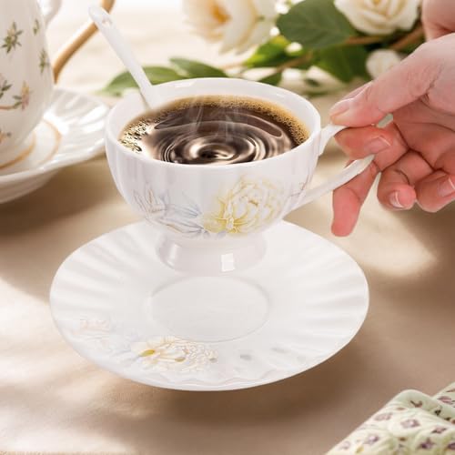 WRINGKIT Tea Cups and Saucers Set of 6, 7 Oz, Microwave Safe - size: Small