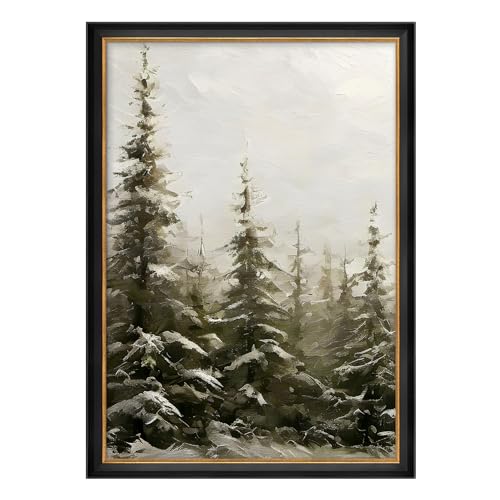 MUDECOR Premium Framed Canvas Print Wall Art Snowy Pine Trees in Winter Forest Illustrations Modern Art Contemporary Scenic Fun Warm for Living Room, Bedroom, Office - 26"x36" Black - color: A07-2308-b37, size: 36"L x 26"W, style: Black Frame