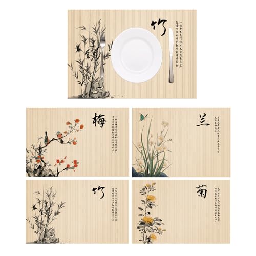 Bamboo Placemats Set of 4, Asian Style Table Mats Ancient Chinese Paintings Zen Floral Place Mats for Indoor Outdoor Kitchen Dining Table (Plum Blossom+Orchid+Bamboo+Chrysanthemum, Set of 4) - color: Plum Blossom+orchid+bamboo+chrysanthemum