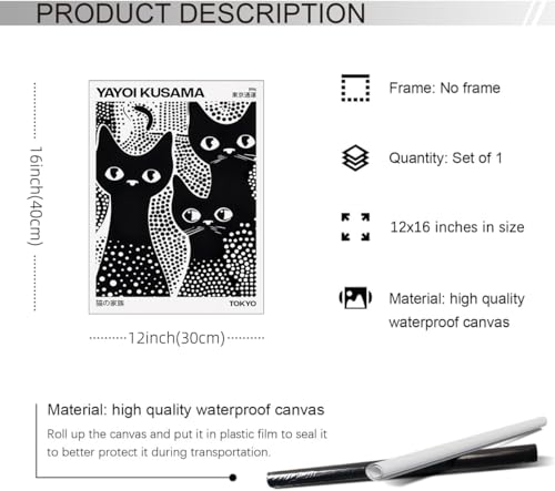 rumlud Cute Black Cat Poster Japanese Yayoi Kusama Wall Art Trendy Animal Canvas Prints for Bedroom Dorm Wall Decor Cat Lover Gifts 12X16 inch Unframed - color: Trendy 5-Unframed, size: 16"L x 12"W
