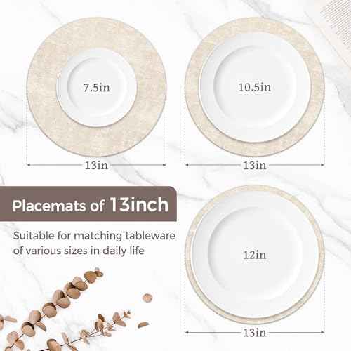 13" Round Placemats Set of 6, Reversible Faux Leather Wipeable Table Mats - color: Beige