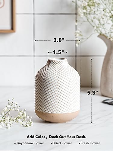 Small Boho Vase for Decor,Rustic Farmhouse Vase for Pampas Grass,Eucalyptus Set and Tiny Stem Flowers,Ceramic for Centerpieces, 5.3 Inch,Wave-Arctic White - color: Wave