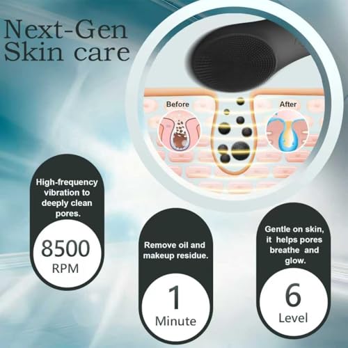 LZP Silicone Face Scrubber, Electric Facial Cleansing Brush with 6 Speeds Vibration Technology, Rechargeable & Waterproof Exfoliating Scrub Brush for Cleansing and Massaging, Men Women - color: Black