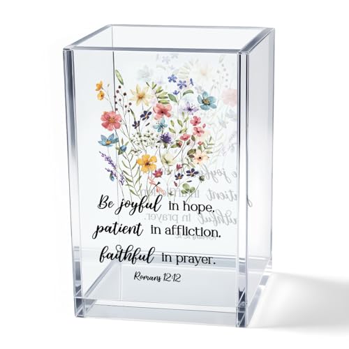 Be Joyful in Hope, Patient in Affliction Romans 12:12 Acrylic Cosmetic Pencil Pen Holder Cup, Christian Verse Pen Holder Cup, Christian Gifts for Women Boss Friend Teacher - style: Be Joyful