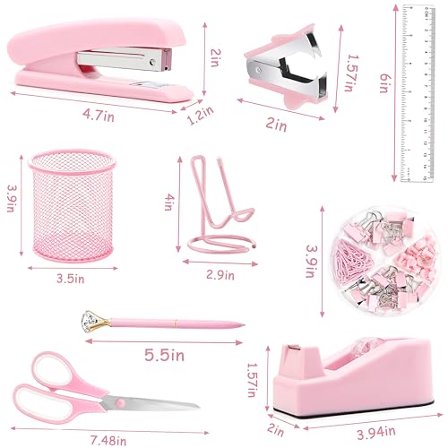 Pink Office Supplies, Pink Desk Accessories, Stapler, Staple Remover, Tape Holder, Pen Holder, Ballpoint Pen, Scissor, Binder Clips, 1000pcs Staples, Phone Holder, Ruler, Transparent Glue and Notes - color: Pink