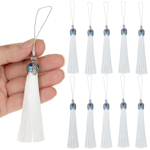 20pcs 16cm/6.3inches Vintage Silver Color Bookmark Tassels Silky Handmade Soft Craft Tassels with Loops for Bookmarks, Crafts and Jewelry Making (White) - color: White