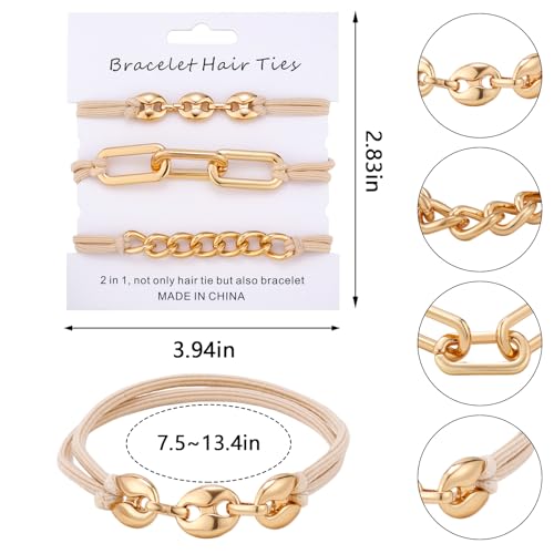 Bracelet Hair Ties for Women Girls 3Pcs Beige Gold Metal Elastic Hair Ties for Long Thick Hair Decorative Bracelet Ponytail Holder No Damage Hair Rubber Bands Ropes Stylish Hair Accessories - color: Hairties(A) 3PCS