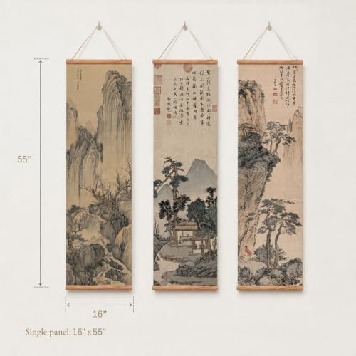xinyuru Chinese Ancient Landscape Scroll Wall Art Poster - color: landscape-Oak, size: 16"x55"x3 Piece