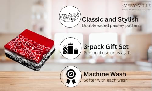 Every-ville Cotton Bandana Handkerchief for Men & Women, 3 Pack - color: Red White Black