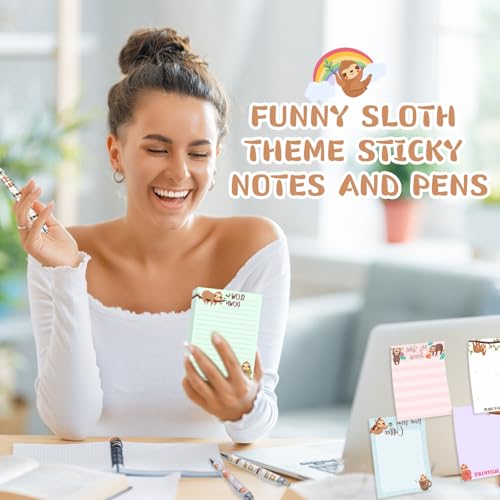 Eaasty 20 Pieces Sloth Gift Set Cute Sticky Notes with Pens, Pencil Bags Makeup Bags, 3 x 4 Inch Animal Notepads, Funny 1.0 mm Ballpoint Pens, Office Pink Bow Party Supplies for Women - style: Sloth
