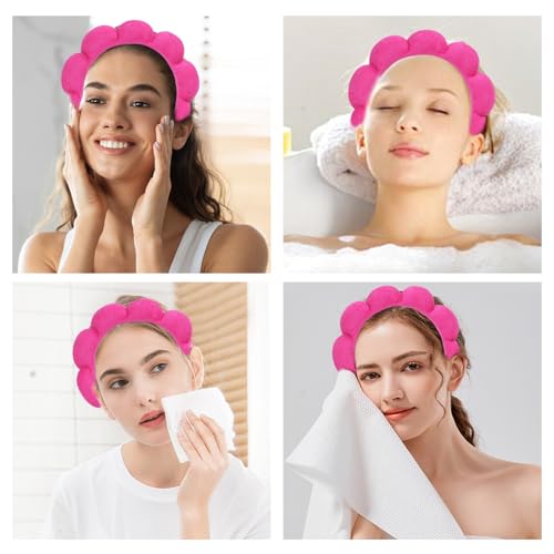 Beleki Spa Headband & Wristband Set - Sponge Terry Cloth Bubble Puffy Hairband - Non Slip Headwear - Hot Pink - 3 Pcs - color: Hot Pink