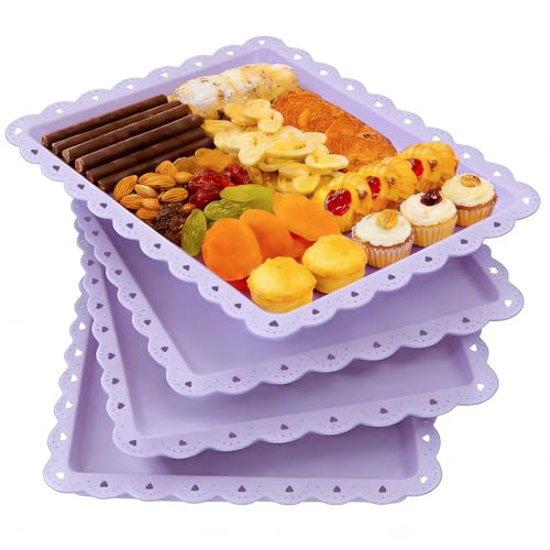 4 Pack Plastic Serving Tray for Party, 14.5 x 9.4 Inch Heavy Duty Platters for Party Buffet Wedding (Purple) - color: Purple