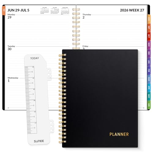 SUNEE Academic Planner 2026-2027 – Weekly & Monthly Planner, July 2026 to June 2027, 6.4"x8.3", Thick Paper, Tabs, Pockets, Bookmark, Spiral-Bound, Student Teacher Organizer, Black - color: Black