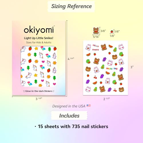 Okiyomi Glow in the Dark Nail Stickers for Kids, 15 Sheets, 735 Decals - color: 3d Set of 15