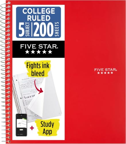 Five Star Spiral Notebook + Study App, 5 Subject, College Ruled Paper, 8-1/2" x 11", 200 Sheets, Fights Ink Bleed, Water Resistant Cover, Fire Red (72077), (Pack of 6) - color: Red, size: 1 Count (Pack of 6)