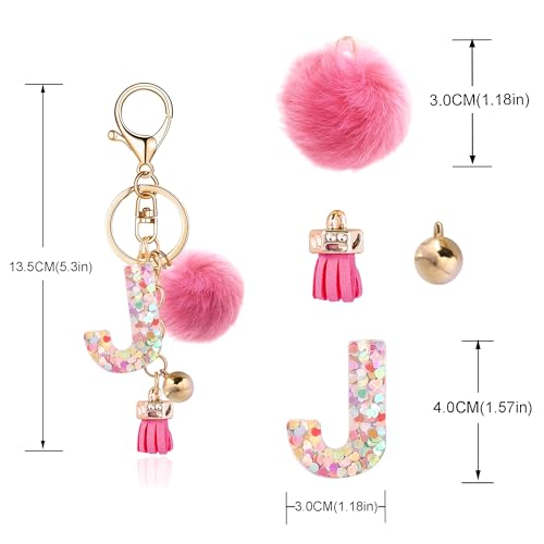Resin Alphabet Initial Letter Keychain Keyring for Women Purse Handbags With Fur Ball Pom - color: Deep Pink Fur Ball Letter J