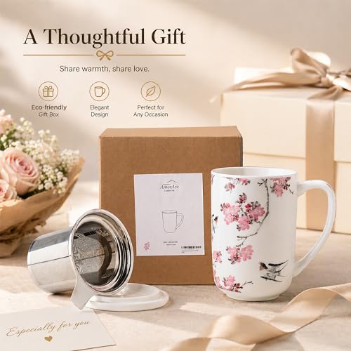 AmorArc Tea Cup With Infuser and Lid, 18oz Loose Leaf Tea Mug With Steeper - color: Peach Blossom