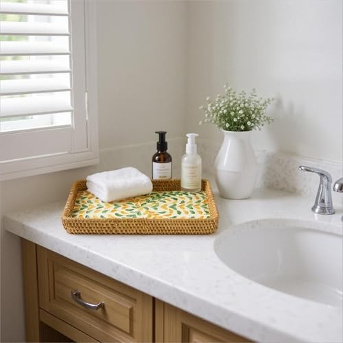3 Pcs Rectangle Rattan Mother of Pearl Inlay Wicker Decorative Serving Tray - color: Yellow Green Wicker