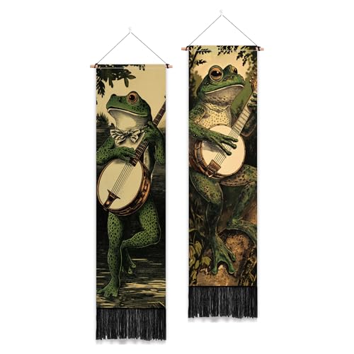 PLIGREAT 2 Pack Boho Tapestry with Tassels, Piano Frog Art Wall Hanging Vertical Funny Home Wall Tapestry for Bedroom Living Room Long Narrow Decor, 52" x 13" - color: green,black