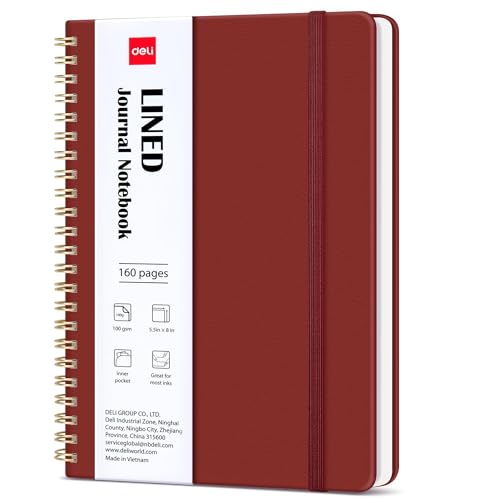 deli Crimson Lined Spiral Journal Notebook, 160 Pages, A5 (5.5"x8") Hardcover Writing Notebook, College Ruled Spiral Bound Journal for Women & Men - Perfect for Work, School, Office & Note Taking - color: Crimson