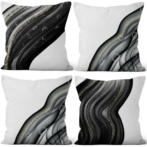 Abstract Fluid Throw Pillow Cover Black Ocean Wave Ink Gold Sequin Halo Minimalist Art Modern Aesthetic Linen Square Cushion Covers for Outdoor Couch Sofa Bedroom Home 16x16 Inch Set of 4 - color: Black 2, size: 16" x 16" (Pack of 4)