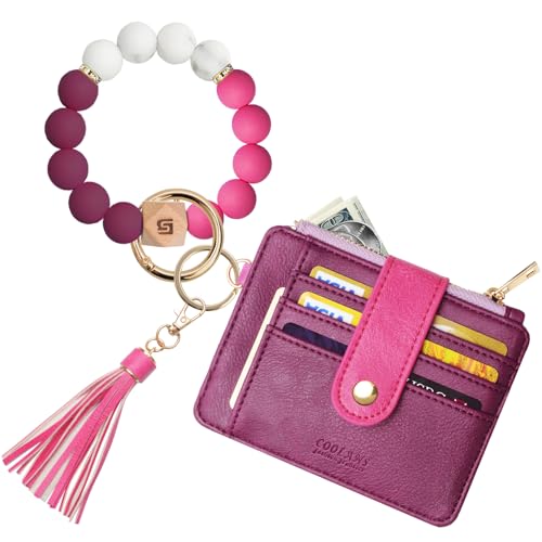 COOLANS Silicone Bracelet Wristlet Wallet Credit Card Holder RFID ID Window Key Ring Tassel Slim Wallet Women Keychain Purse - color: Pink Purple