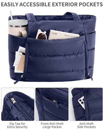 Bagstellar Puffer Tote Bag for Women, Lightweight Puffy Travel Gym Work Bag - color: Navy Blue