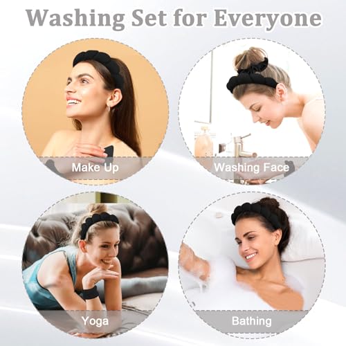 7Pc Headband and Wristband Set for Skincare, Face Washing, Makeup Removal - Includes Terry Cloth Headbands, Facial Sponges, and Powder Puffs in Black - color: Black