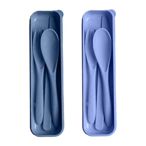Travel Utensils with Case, Camping Utensils Wheat Straw Reusable Utensils Set With Case, Knife Fork and Spoon Utensil for Lunch Box (2 Pack) - color: Blue, Light Blue