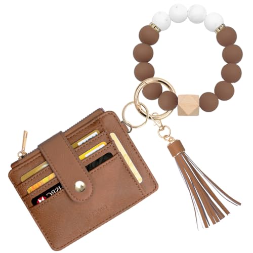 COOLANS Silicone Bracelet Wristlet Wallet Credit Card Holder RFID ID Window Key Ring Tassel Slim Wallet Women Keychain Purse - color: Dark Brown