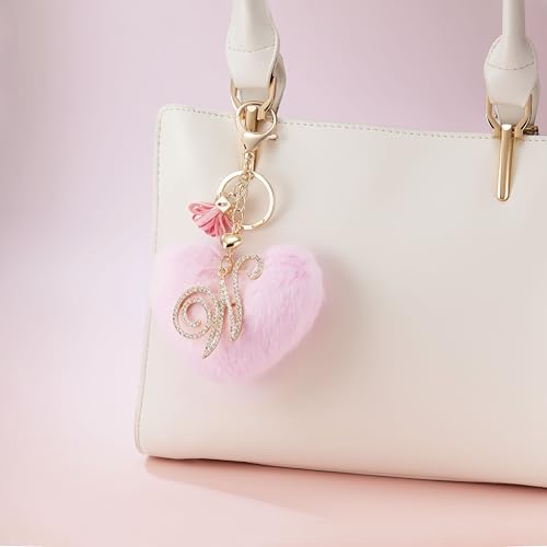 Initial Letter Heart Pom Pom Keychain for Women Pink Soft Fluffy Ball Key Ring for Purse Backpack Handbag - color: W