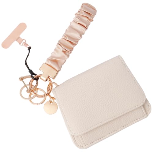 Scrunchie Wristlet Keychain Gift Set for Women with Small RFID Wallet Keychain, Stretchy Key chain with Phone Tether Tab - color: Champagne