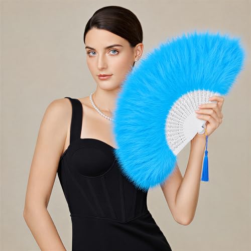 BABEYOND 1920s Marabou Feather Folding Hand Fan - color: Lightblue