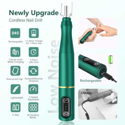 TUOBEO Cordless Nail Drill Electric Nail File Kit, Rechargeable Efile Set - color: Blackish Green