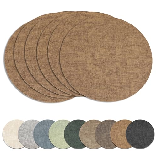 13" Round Placemats Set of 6, Reversible Faux Leather Wipeable Table Mats - color: Light Brown