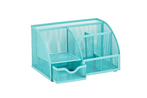 Annova Mesh Desk Organizer Office with 7 Compartments + Drawer/Desk Tidy Candy/Pen Holder/Multifunctional Organizer (Turquoise) - color: Turquoise