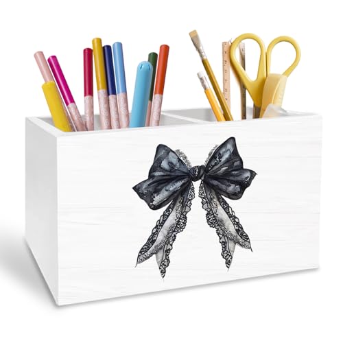 Coquette Black Lace Bow Pen Holder for Desk, Girly Preppy Room Decor Pencil Organizer, Black Ribbon Bow Wooden Box Sign Desk Decor for Girls Dorm Room Home Office Decoration - color: Black Lace Bow