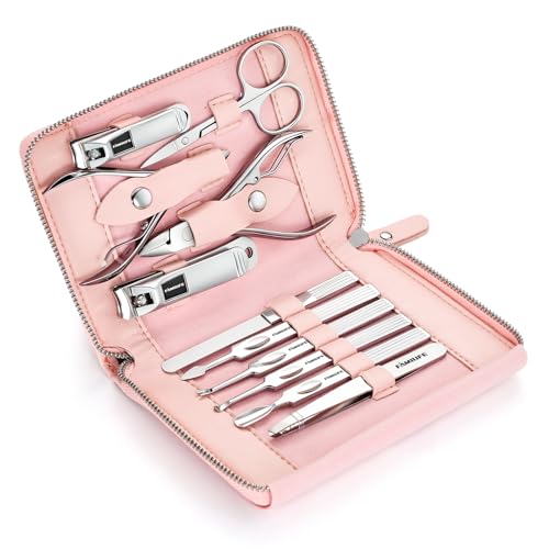 FAMILIFE Stainless Steel Manicure Set 11-in-1 Professional Nail Clipper Kit - color: Pink