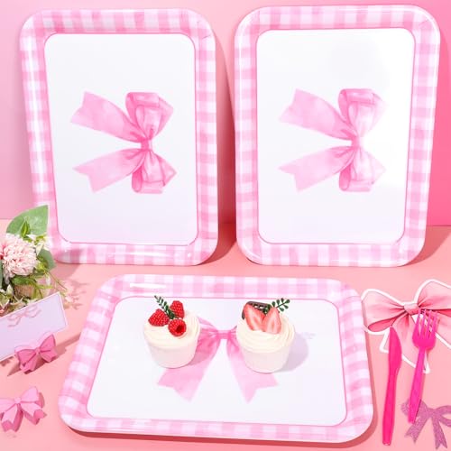 JarThenaAMCS 3Pcs Pink Bow Serving Trays 13 x 10 Inch Watercolor Ribbon Bow Knot Reusable Platter Pink White Plaid Serving Dishes for Coquette Birthday Wedding Baby Shower Party Decor - style: Plaid Pink Bow