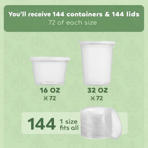 144 Sets Plastic Food Storage Deli Containers w/ Lids 16oz Pint, 32oz Quart - size: 144 Sets (2 Sizes: 16 & 32 oz)