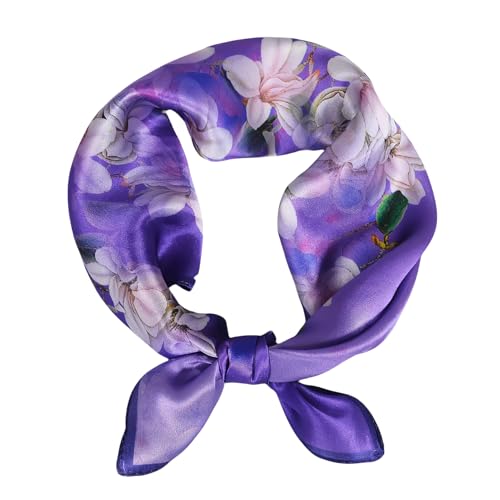 Women 100% Mulberry Silk Neck Scarf 21" Square Floral Neckerchief - color: Purple