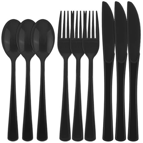 Kochorie 300 Pieces Black Plastic Silverware Heavy Duty Disposable Utensils - color: Black