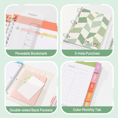 Student Planner 2026-2027, SUNEE Middle or High School Student Planner for Academic Year Jul. 2026 - Jun. 2027, 8.5"×11" Lesson Plan Book with 3-Hole Punched, Bookmark, Planning Stickers, Green Waves - color: Green Waves, size: A4 8.5"×11"