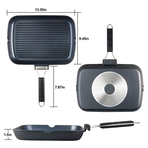 S·KITCHN Grill Pan with Folding Handle, Nonstick Grilling Pan for Stove Tops, Induction Compatible Rectangle KBBQ Pan with Pour Spouts - 13 × 9IN - size: 13 × 9 IN