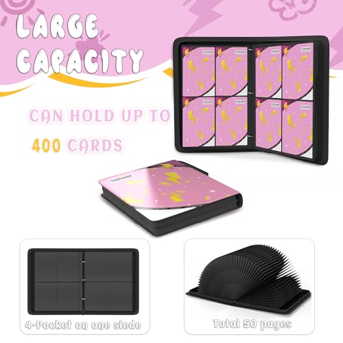 Trading Card Binder 4 Pocket,Card Binder 400 Pockets,Card Book Holder Cards with 50 Removable Sleeves,3-Ring Zip Design MTG/TCG/Sport Collectible Trading Card Albums Gifts for Boys and Girls (Pink) - color: Pink, size: Small