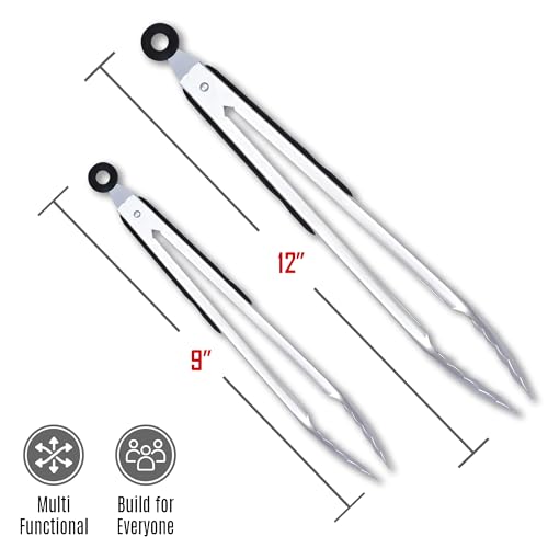 Stainless Steel Kitchen Tongs Set, 2 Pack with Silicone Tips - size: Pack of 2 Black & Silver (9" & 12")