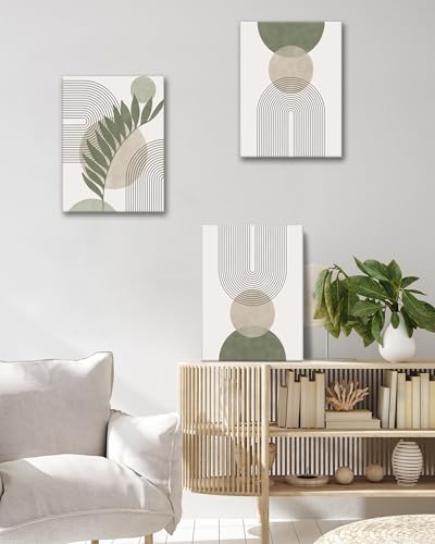 HesenDot 40x60CM Sage Green Boho Wall Art, Botanical Geometric Framed Canvas Bathroom Wall Art, Mid-Century Modern Wood Frame Abstract Prints for Living Room Bedroom Bathroom Home Decor, Set of 3 - color: Sage Green-Framed, size: 24"L x 16"W