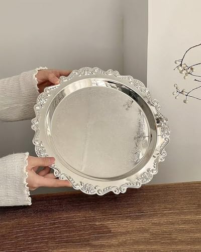 2PCS Coffee Table Tray 11.8in Round Decorative Tray Vintage Metal Dessert Plates for Snacks Fruit Silver - color: Silver, size: 11.8 in
